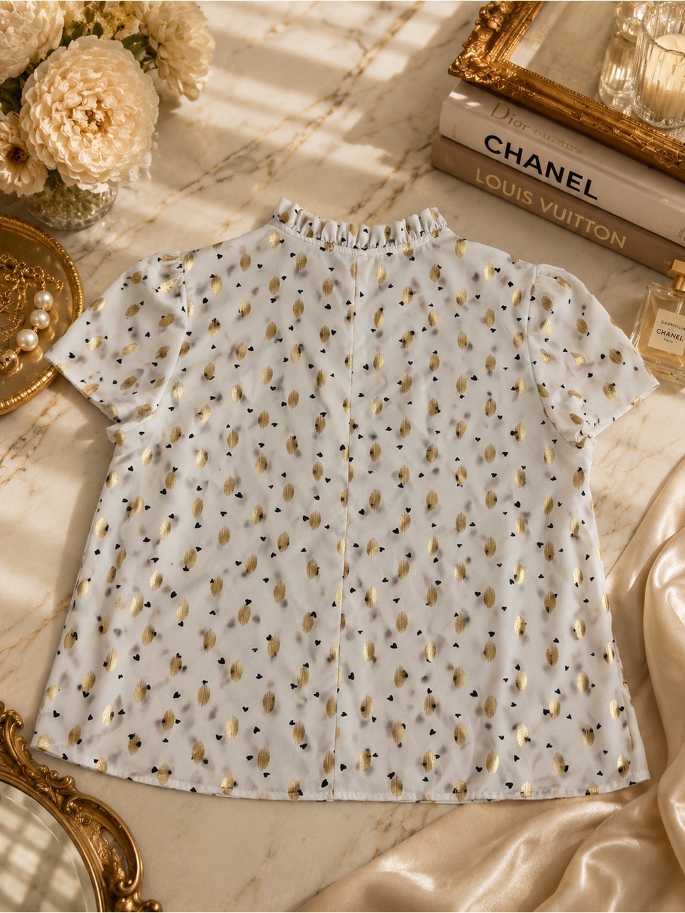 SHEIN White Short Sleeve Blouse with Gold Dot Accent - Picture 2 of 3